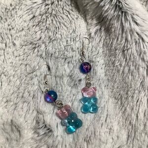 Two tone pink and blue hand crafted gummy bear earrings